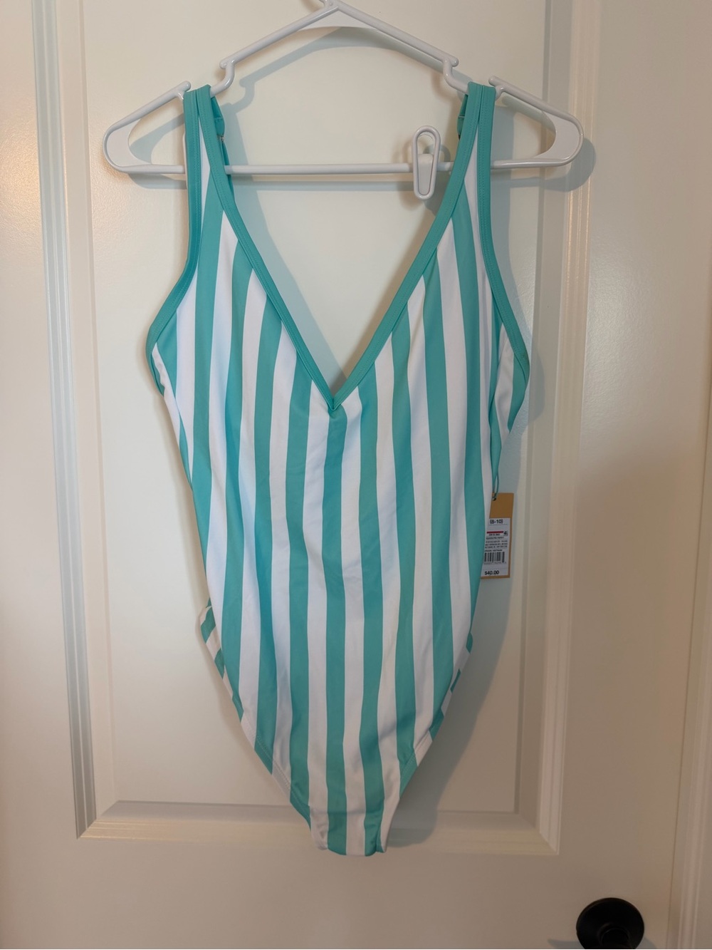 Womens Teal and White Striped One-Piece Swimsuit